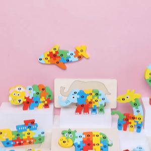 3D Colorful Wooden Puzzles Cartoon Animals Learning Educational Kids Toys Jigsaw Cognitive Wood Toys