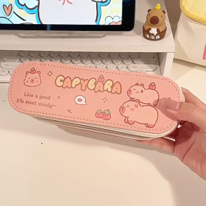 1Pc Double Layer Pencil Case Capybara Large PU Waterproof Zipper Pen Bag Student School Stationery Box