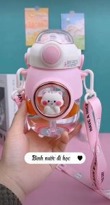 Bình uống nước 820ml họa tiết dễ thương Cốc uống nước cao cấp có ống hút silicon