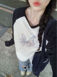 Pure Cotton Shoulder Insert T-Shirt Womens Early Autumn Beautiful Long Sleeve Unique Base Shirt Korean Style Commute Print