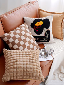 สไตล์นอร์ดิกศิลปะดอกไม้สีน้ำตาลโซฟาปลอกหมอนห้องนั่งเล่นเบาะรองนั่งสแควร์ผสมผ้าทอพืชดอกไม้รูปแบบ