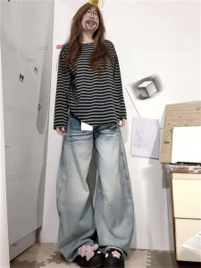 Quần Jeans Nam Ống Rộng Xanh Nhạt Mát Xanh Phong Cách Mỹ Cổ Điển Quần Dài Dài Đến Sàn Cạp Cao Ôm Dáng Quần Thường Ngày Cho Nữ