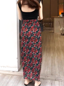 Retro Floral Print Slim Fit Half Skirt Womens Summer New Style High Waist Wrap Bodycon Long Legging Effect Skirt for Ladies