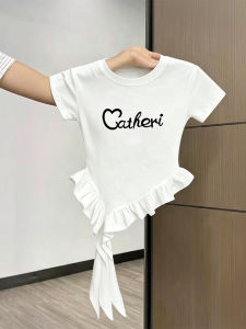 Letter Print Cotton Short Sleeve T-Shirt with Ruffle Hem and Fringe Stylish Design for Girls