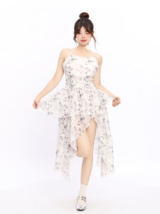 Summer Sweet Style Asymmetrical Slit Halter Dress Womens Beach Vacation Wind High Waist Slim Fit Midi Skirt Floral Print