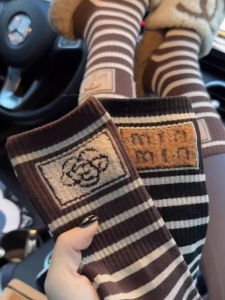 Womens Long Socks Feather Yarn Autumn and Winter Thick Cotton Outwear Western Style Cute Letters High Waist Striped Socks Internet Hot