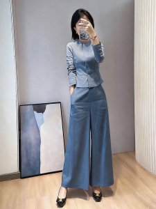 DANTING | Elegant Waist-Accentuated Blue Shirt and Wide Pants Set
