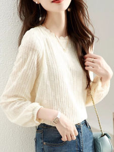 WANGGONGZHU | Princess Style Long Sleeve Lace Lantern Sleeve Base Shirt Womens Spring New Fashion Trimmed Top Versatile Loose Fit Round Neck