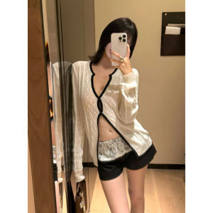 YUEZHONGWEI | French Hollow Out Color Block V Neck Knot Knitted Open Cardigan Womens Early Autumn New Style Slim Split Spicy Top