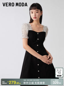 Vero Moda ชุดเดรสสีดำแขนพองสไตล์หวานสำหรับฤดูใบไม้ผลิและฤดูร้อน กระโปรงยีนส์ทรงเอเข้ารูป เอวสูง แขนสั้น กระโปรงทรงเอ