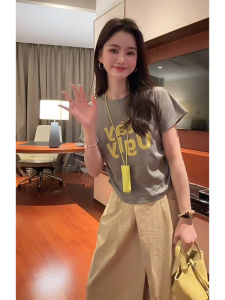 YUEZHONGWEI | Gray American Retro Letter Print Short Sleeve T-Shirt Womens Summer Design Sensibility Slim Fit Short Design Top