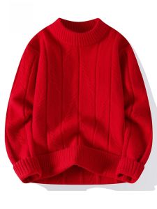 ROMON | เสื้อสเวตเตอร์ถักสีแดงใหญ่สำหรับผู้ชาย ฤดูหนาว 2024 เสื้อชั้นในสีพื้นสำหรับปีใหม่ปีงู แฟชั่นลำลอง ทรงหลวม คอกลม