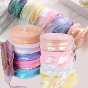 50 Yards Iridescent Fishtail Yarn Ribbons Flowers Bouquet Packaging Organza Wired Ribbon Christmas Wedding Decor Gift Wrapping