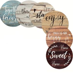 6-Piece set of round Coasters with English letters Flowers horse Pattern wooden Material Household Desktop water cup non-sl
