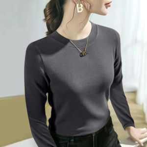 เสื้อยืดคอกลมแขนยาวผู้หญิง ทรงสลิมฟิต อบอุ่น นุ่ม สวมใส่สบาย แฟชั่นฤดูใบไม้ร่วง/ฤดูหนาว เสื้อผ้าทำงานสไตล์เกาหลี