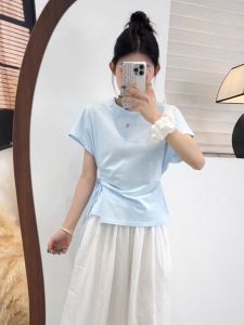 Áo Thun Nữ Tay Ngắn Mùa Hè Phong Cách Hàn Quốc Thiết Kế Thắt Eo Không Đều Áo Thun Nữ Cổ Tròn Áo Thun Thường Ngày