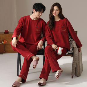MiiOW | Couple Sleepwear Thermal Thin Fleece Long Sleeve New Wedding Home Clothes Red Home Clothes Lightweight Comfortable Polyester Fiber