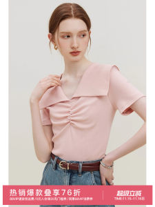 Femini Design Sweet Young Doll Collar Knitted T Shirt Womens Summer New Style Slimming Versatile Short Sleeve Pure Color