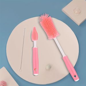 3pcs/set Long Handle Silicone Baby Bottle Brush Set: Baby Bottle Water Bottle BrushNipple Brush Straw Brush