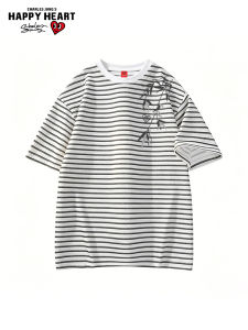 CHARLES JANGS HAPPY HEART | Retro Heart Stripes Short Sleeve T-shirt