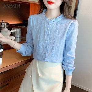 AMMIN สไตล์เกาหลีผู้หญิงแขนยาวแฟชั่นอารมณ์สีฟ้า Bellflower เย็บปักถักร้อยเย็บเสื้อลูกไม้ฤดูใบไม้ร่วงแฟชั่นใหม่อารมณ์ Agaric ผ่านส่วนผสมของคอปกผิวเนื้อเย็บปักถักร้อยลูกไม้ท็อปส์ ซึ่งใช้ภาษาไทยเพื่อแสดงผล