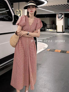 Slimming Plaid V-Neck Waist-Cinching Autumn Dress Trendy Streetwear High Waist A-Line Skirt Short Sleeve Long Dress