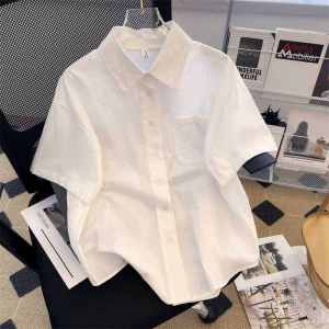 White Pure Cotton Short Sleeve Womens Shirt Summer New Design Loose Casual Slimming Versatile Comfortable Korean Style Top