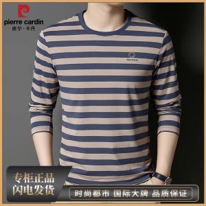 เสื้อยืดคอกลมแขนยาวลายทางหลวมๆ สำหรับผู้ชาย Pierre Cardin ฤดูใบไม้ผลิและฤดูใบไม้ร่วง ผ้าไหม ปกติ ไม่ต้องรีด