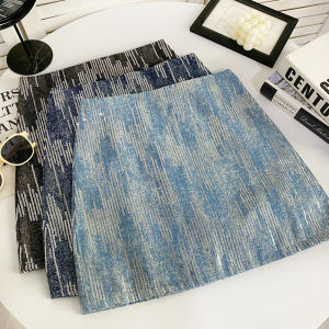 Summer 2024 High Waist A-Line Mini Skirt Sequin Splicing Slimming Effect Denim Look Short Skirt Womens Fashion Trend