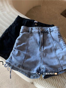 High Waist Drawstring Denim Shorts Womens Outerwear Winter Spicy Girl Small Size A-Line Hot Pants Blue Casual Fashion