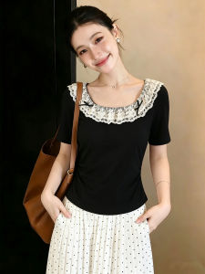 AIYITI | Lace Edge Black Short Sleeve T-Shirt Plus Size