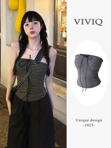 เสื้อกั๊กผู้หญิงแขนกุดลายทางสไตล์อเมริกันย้อนยุค เสื้อชั้นในรัดรูป ทรงสั้น สายเดี่ยว สำหรับฤดูร้อน 2025 คอลเลกชันใหม่