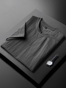 Premium Feelings Mens round Neck T-Shirt Linen Simulation Casual Thin Summer Ice Silk Short Sleeve Fashionable Solid Color