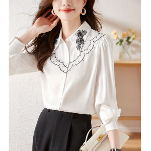 Elegant French Embroidered Long Sleeve Chiffon Blouse