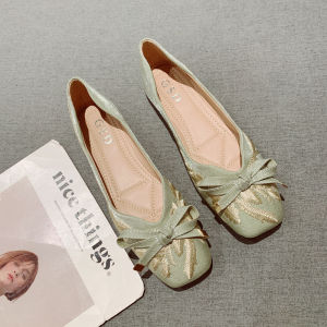 2024 New Flat Bottom Single Shoes Women Summer Shallow Mouth Square Head Butterfly Knot Soft Leather Grandma Shoes Versatile Fairy Wind Bean Shoes