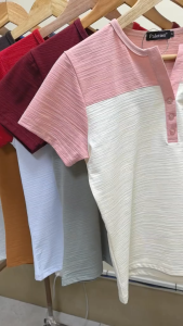 New PALETTES V-Neck Three Button CottonTwo-Tone TShirt for Women Ladies T-Shirts Shirt Tee #8225