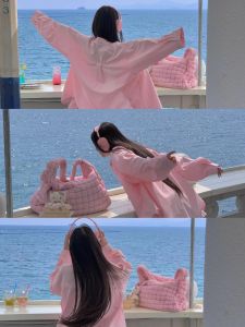 YIWEIYI | Atmospheric Feeling Spring Autumn Cherry Blossom Pink Thin Outerwear Shirt