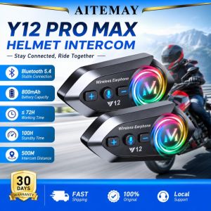 Aitemay Y12pro 500M Motorcycle Bluetooth 5.4 Intercom Headset for 2 Riders - 800mAh IPX6 Waterproof Noise Canceling RGB Light FM Radio Voice Assistant Support