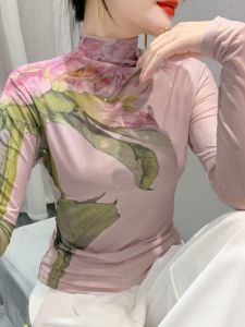 Turtleneck Mesh Top Womens Long Sleeve Autumn Fashion Floral Printed Slim Fit Silk T-Shirt for Street Style Parties