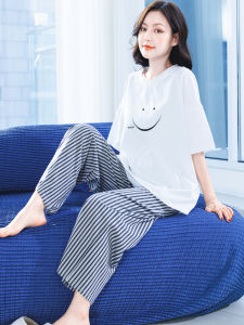 Cute Pure Cotton Summer Sleepwear Womens Short Sleeve Long Pants Home Clothes Set with Chest Pad Anti-Bulge Points Wearable outside