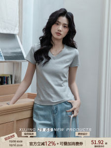 Slim Fit Pure Cotton Short Sleeve V-Neck T-Shirt Grey Fashionable Womens Top for Commuting Spring Summer New Arrival