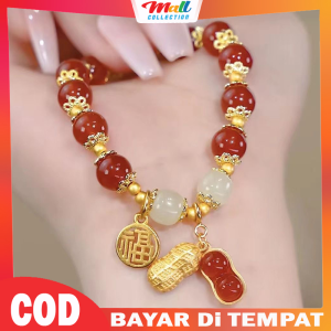 MALL Gelang Giok Keberuntungan Kacang & Kesejahteraan Kristal Gaya China retro Serbaguna Wanita GLG01
