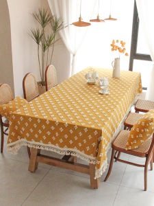 Scandinavian Ins Tablecloth French Style Retro Yellow Tassel Cotton Tablecloth Rectangular Coffee Table Cover Cloth Household Dining Table Fabric