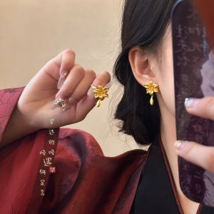 Golden Flower Tassel Earrings Womens New Chinese Style Exaggerated Ear Jewelry Fresh out Fashion Accessories