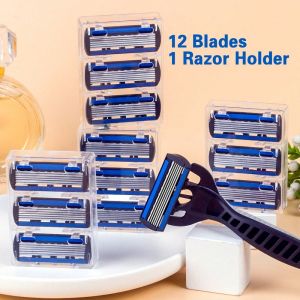 1 Handle + 12 / 17 Blades/ Men Women Manual Safety Razor 6-Layer Stainless Steel Hair Removal Shaving Replaceable Shaver Head