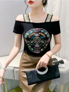 Fashionable Summer Short Sleeve Ice Silk Mesh T-Shirt Womens Shoulder Bared Back Decorated Diamond Double Layer Design Top