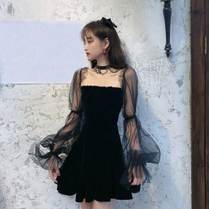 ⚜️SF Mesh Long Sleeve Dress Female Celebrity Temperament Thin Waist-in Mid Length Puffy Skirt Party Dress