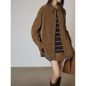 Plaid Faux Layer Shirt Jacket Brown Two-piece Set Casual Style