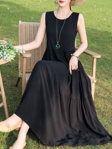 Summer Long Sleeveless Cotton Silk Dress Womens plus Size Loose A-Line Knee-Length New Fashion Slimming High Waist Gown
