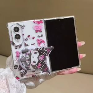 Sanrio | Cartoon Sanrio Kuromi Magnetic Stand Fold Transparent Phone Case For Samsung Z Fold 8 Ultra ZFold 7 6 5 4 3 PC Protective Cover